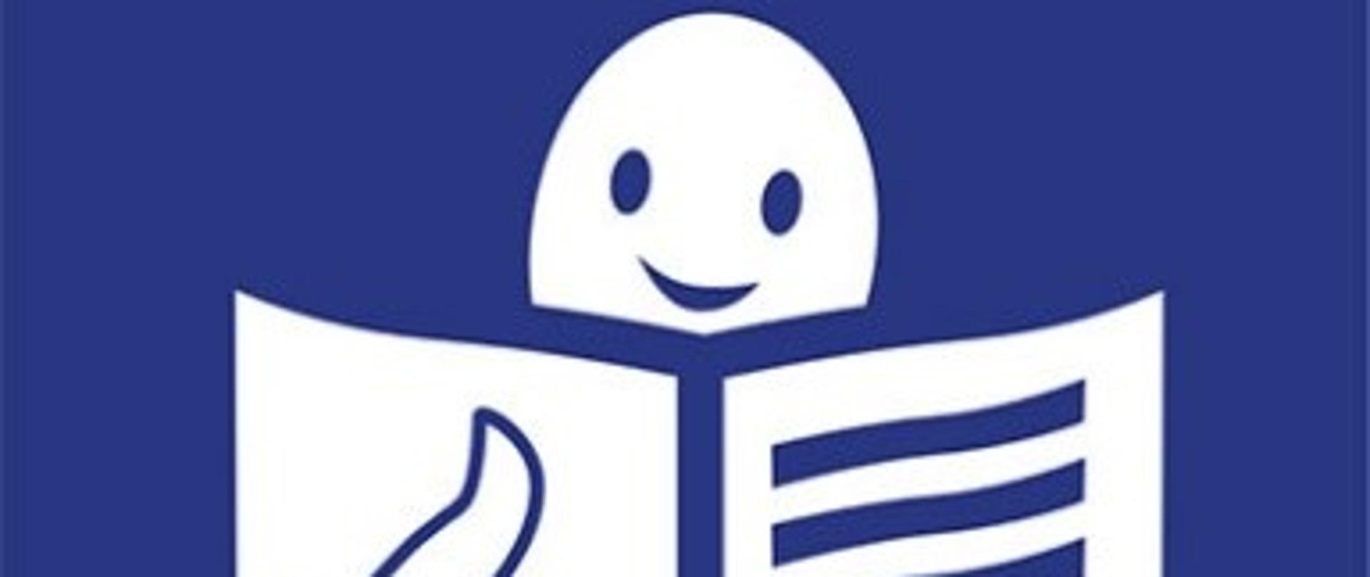 Piktogram ETR. Uśmiechnięta twarz czyta książkę na której znajduje się symboliczny tekst i gest "OK". Całość grafiki koloru białego na ciemnoniebieskim tle.