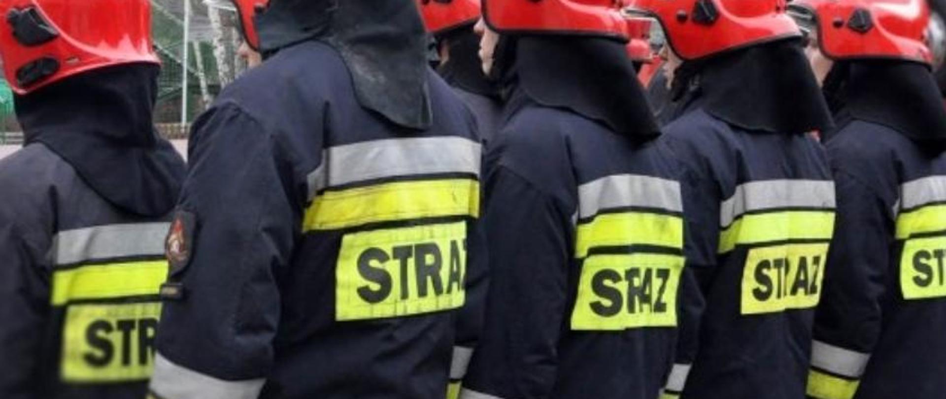 Strażaków OSP stojących w szeregu, odwróconych tyłem.