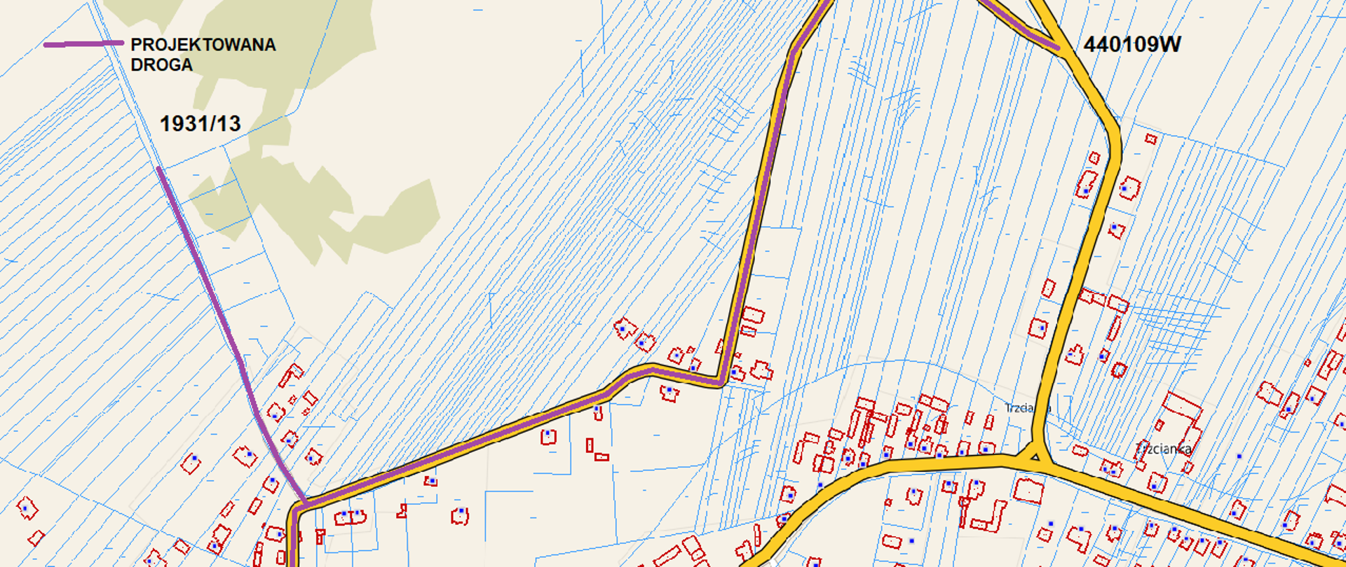Fragment mapki orientacyjnej przedstawiający przebieg projektowanej drogi w miejscowości Trzcianka.
