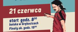 Mężczyzna w koszulce i informacja o turnieju piłkarskim
