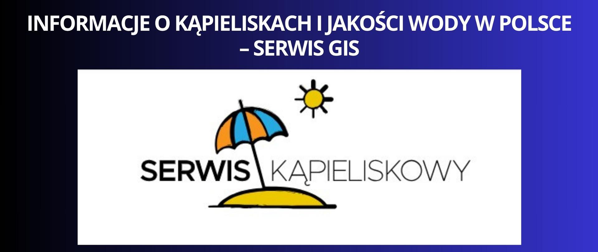 Granatowe tło z białym napisem "Informacje o kąpieliskach i jakości wody w Polsce – Serwis GIS". Pod napisem logo ze strony Serwisu Kąpieliskowego. 