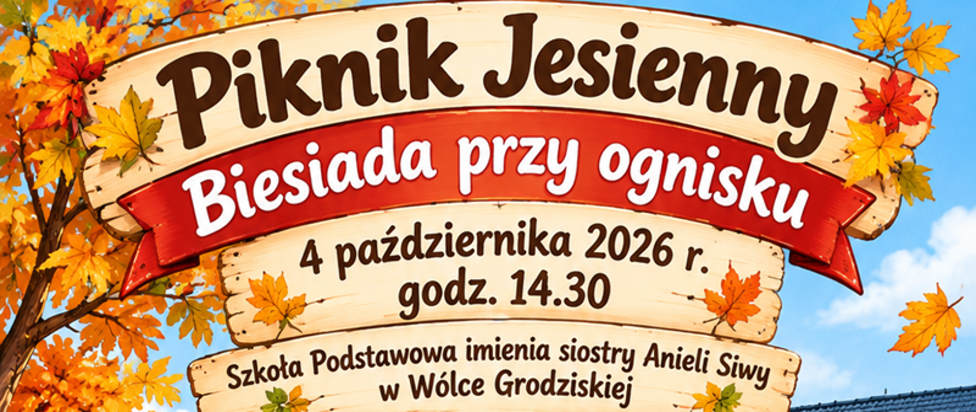 kolorowy plakat zapraszający na piknik jesienny, na plakacie czterech chłopców gra na instrumentach i cztery dziewczynki śpiewa, na dole różnego rodzaju potrawy 