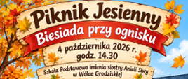w tle złotych lici i błękitnego nieba napis Piknij Jesienny Biesiada przy ognisku