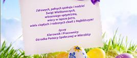 kartka z życzeniami o treści: Zdrowych, pełnych spokoju i nadziei
Świąt Wielkanocnych,
wiosennego optymizmu,
wiary w lepsze jutro,
wielu ciepłych i radosnych chwil z Najbliższymi
życzy
Kierownik i Pracownicy
Ośrodka Pomocy Społecznej w Wierzbicy"
poniżej zielona trawa oraz kolorowe pisanki