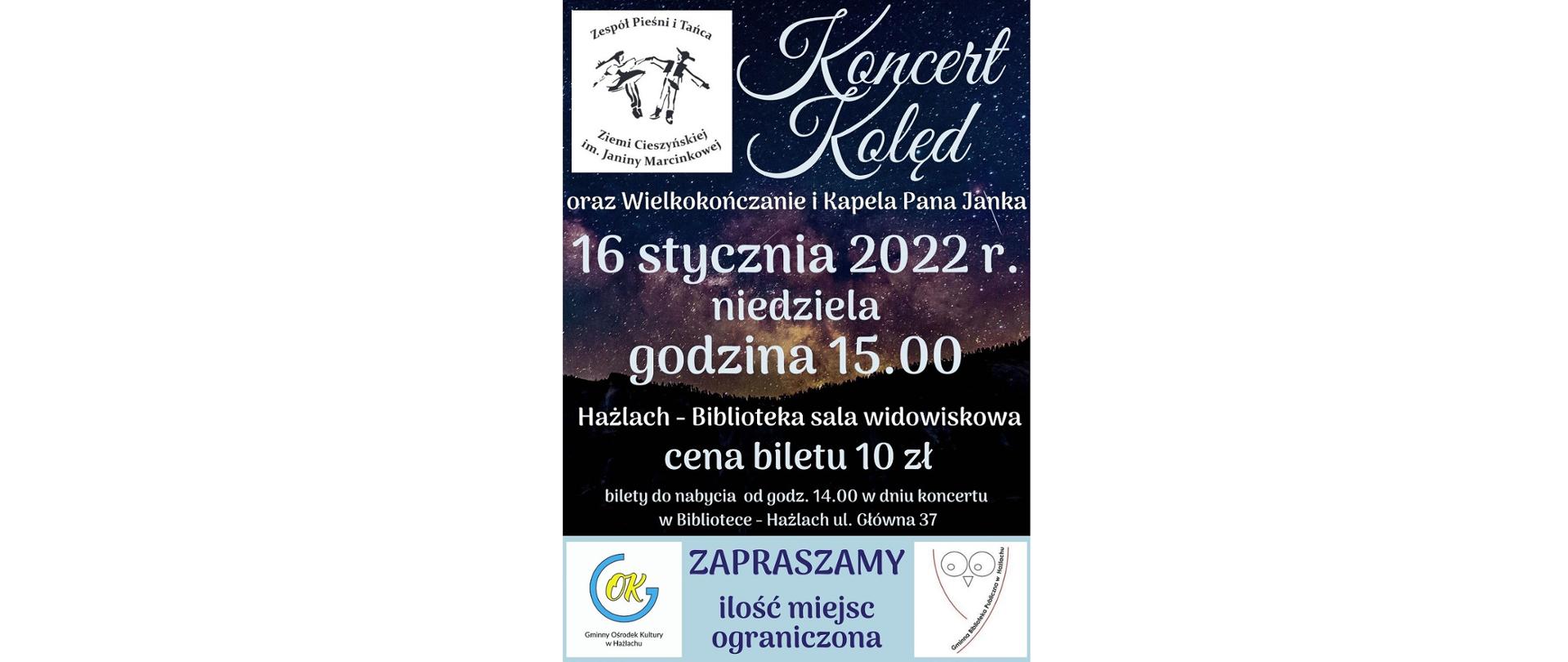 Plakat Koncertu Kolęd. Niedziela 16 stycznia 2022 roku, godzina 15.00. Sala widowiskowa biblioteki w Hażlachu