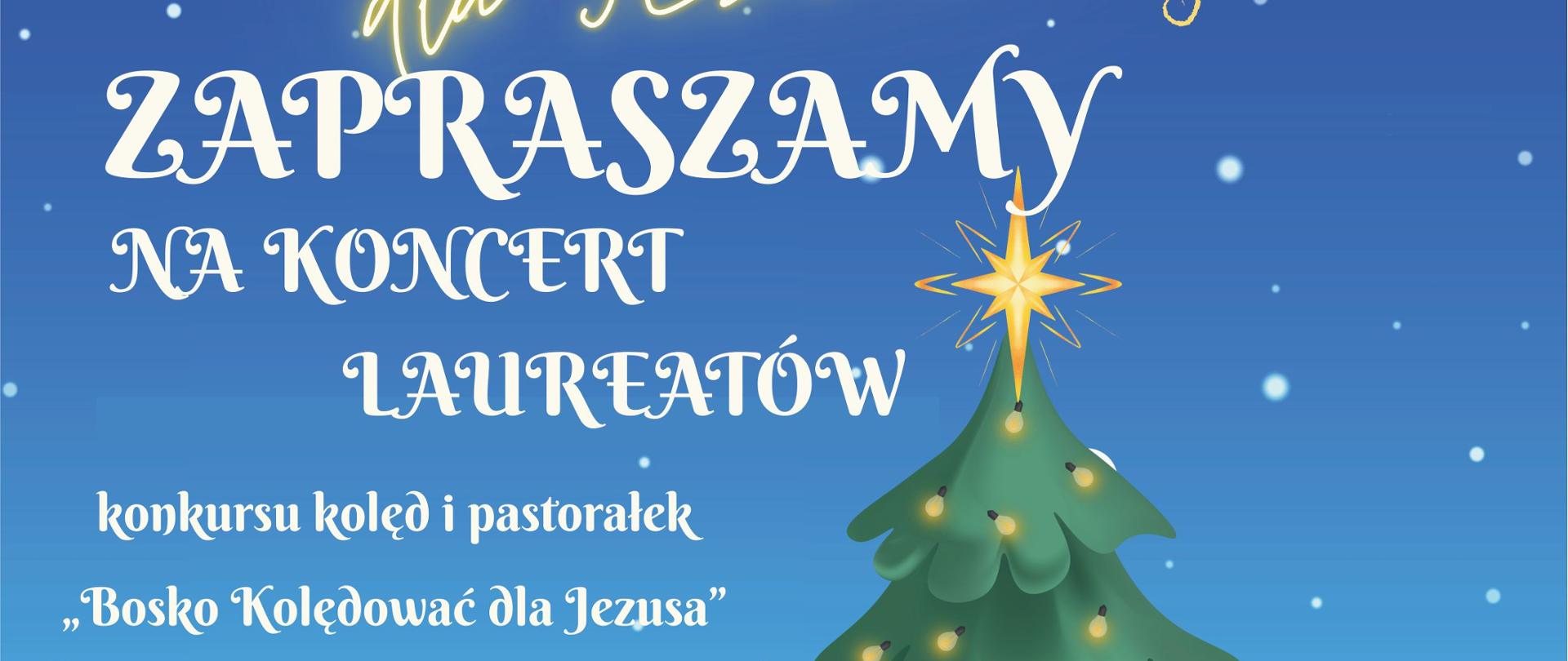 Plakat - zaproszenie na koncert laureatów kolęd i pastorałek, który odbędzie się w Kościele Parafialnym w Skawie 19 STYCZNIA O GODZINIE 14:00. Tekst zamieszczony na środku plakatu, poniżej grafika dzieci ubrane w zimowe stroje oraz ksiądz. Atmosfera zimowa, na samym dole plakatu opis patronatu honorowego, medialnego oraz sponsorzy. 