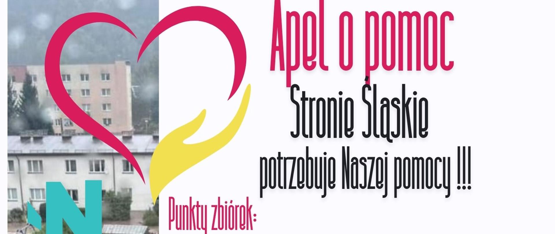 infografika z apelem o pomoc mieszkańcom zalanego przez powódź Stronia Śląskiego