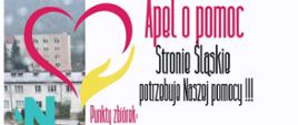 napis Apel o pomoc - Stronie Śląskie potrzebuje Naszej pomocy, po prawej grafika czerwoną i żółtą kreską przedstawiająca serce, w tle serca zdjęcie budynków