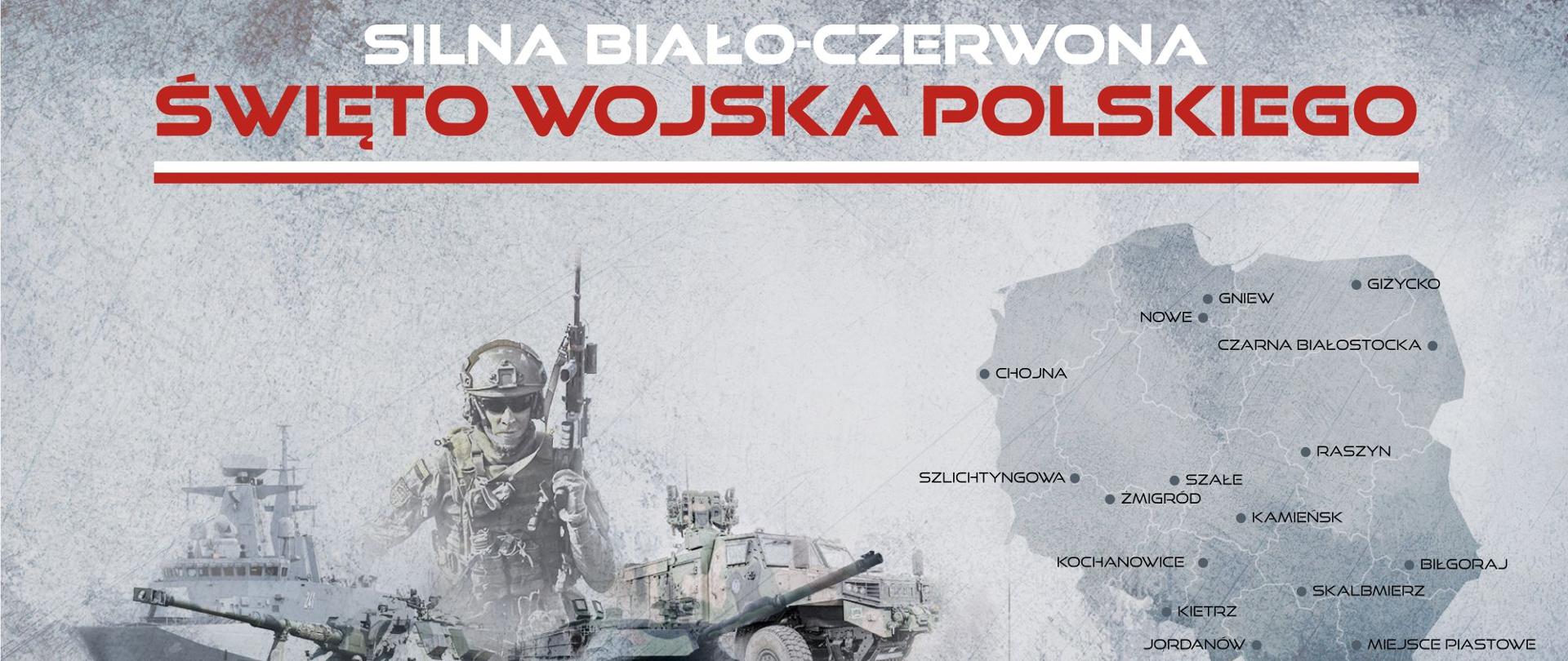 Infografika dot. święta wojska polskiego, pojazdy wojskowe, mapa polski z zaznaczonymi miejscowościami, w których odbędą się wojskowe pikniki 12 sierpnia, szczegóły na www.mon.gov.pl
