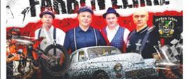 kolorowe tło na pierwszym planie grupa muzyków z zespołu i grafika pojazdów zaproszenie na zlot pojazdów różnych i koncert 