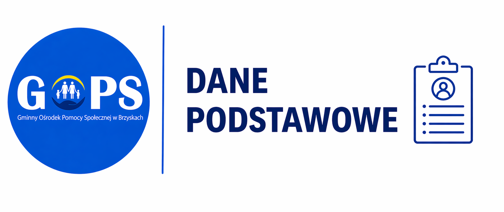 Panoramiczna grafika informacyjna utrzymana w czystej, minimalistycznej stylistyce (białe tło, odcienie niebieskiego i granatu), o bardzo przejrzystym i urzędowym charakterze. Po lewej stronie znajduje się logo Gminnego Ośrodka Pomocy Społecznej w Brzyskach, oddzielone cienką pionową linią od części tekstowej.
W centralnej części umieszczono wyraźny nagłówek:
„Dane podstawowe”, odnoszący się do kluczowych informacji kontaktowych i organizacyjnych Ośrodka.
Po prawej stronie znajdują się proste, czytelne ikony symboliczne: dokument (dane), słuchawka telefoniczna oraz koperta (e-mail), które wskazują na dostępne formy kontaktu.