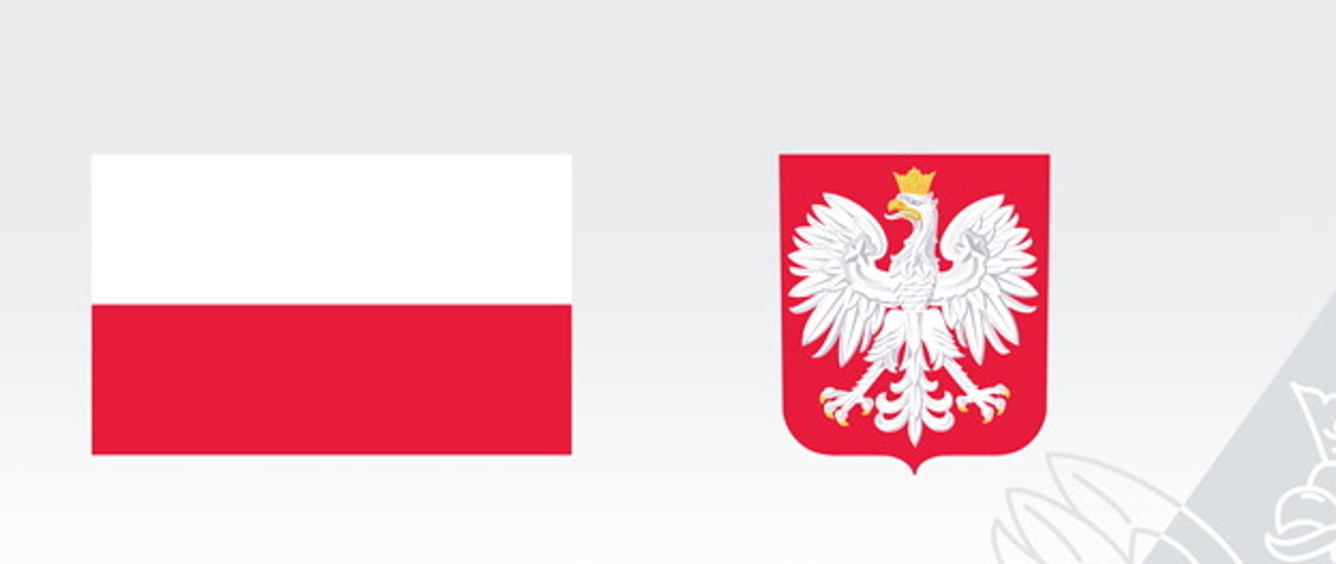 Biało - czerwona flaga polski obok niej biały orzeł na czerwonym tle, na dole czarny napis Fundusz Dróg Samorządowych 