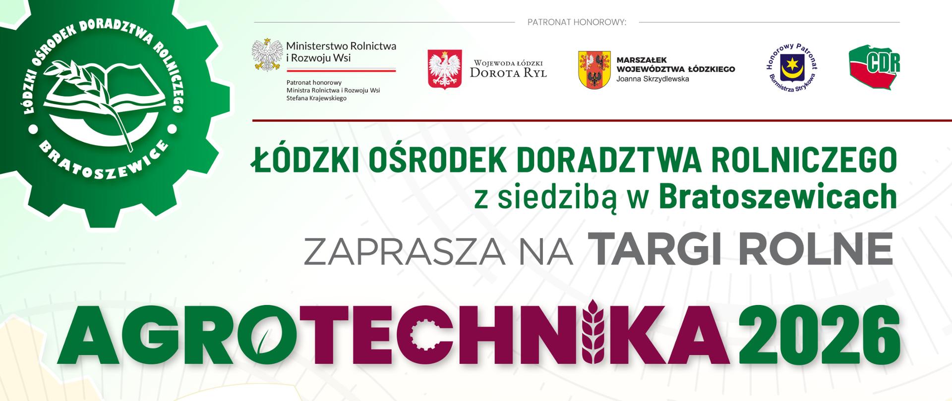 W centralnej części znajdują się zdjęcia wkomponowane w kształty liści i kół zębatych, przedstawiające: osoby w tradycyjnych strojach ludowych (łowickich), słoiki z miodem, nowoczesny ciągnik przy pracy oraz kolorowe rabaty kwiatowe. U dołu widoczne są kody QR oraz logotypy partnerów (m.in. ARiMR, KOWR) i patronów medialnych (TVP3 Łódź, Radio Łódź).