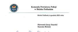 Podziękowania komendanta powiatowego policji w Bielsku Podlaskim za pomoc w zakupie radiowozu