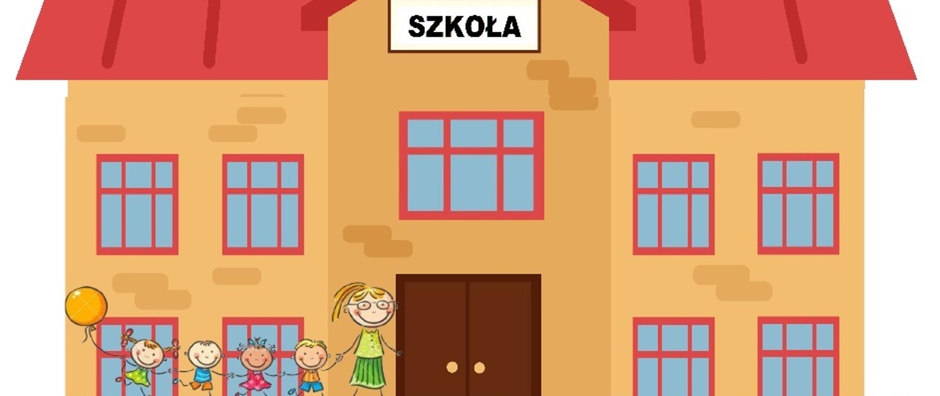 Obrazek przedstawiający dzieci przedszkolne idące z panią do szkoły