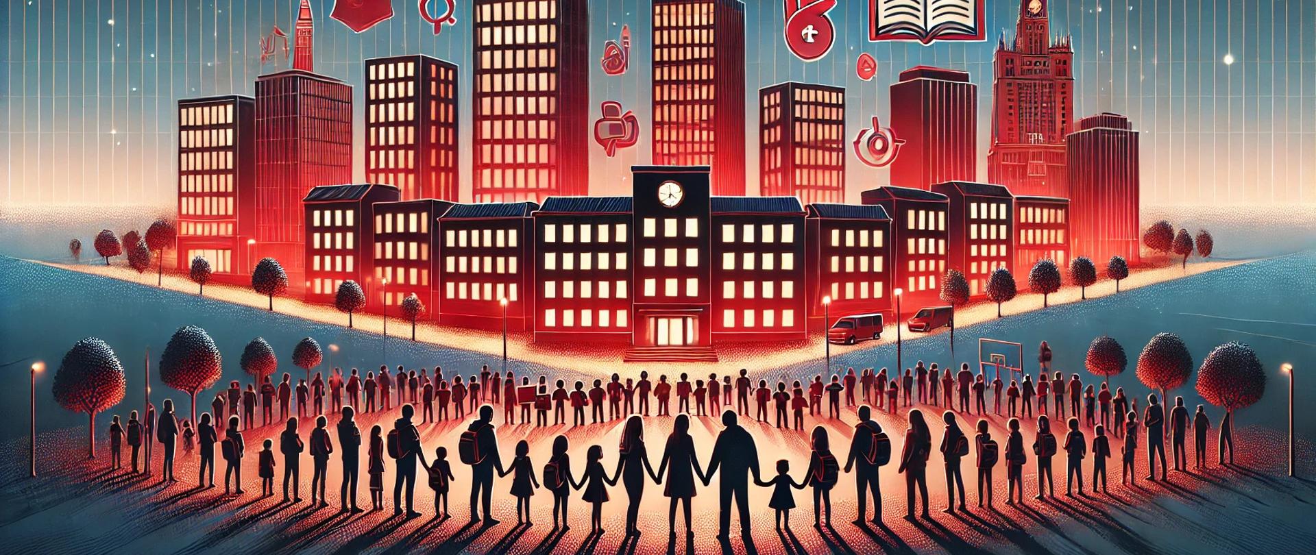 Ilustracja przedstawiająca budynki oświetlone na czerwono, symbolizujące kampanię przeciw przemocy wobec dzieci w Polsce, z ludźmi stojącymi w jedności i edukacyjnymi symbolami miłości oraz ochrony dzieci.