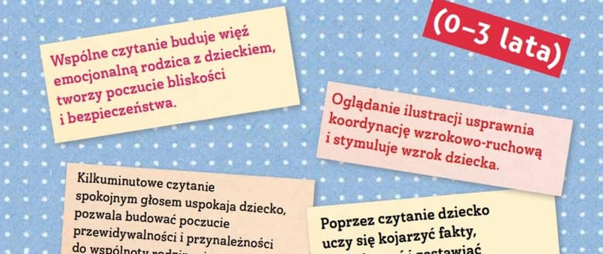 Plakat przedstawiający w prostokątnych okienkach zalety wspólnego czytania rodziców z dziećmi na niebieskim tle w kropki