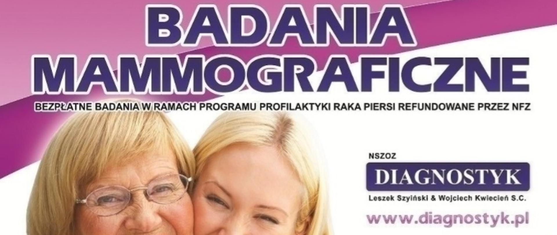 ulotka w kolorystyce fioletowo-białej, 2 uśmiechnięte kobiety, młodsza obejmuje starszą, informacje tekstowe o badaniach mammograficznych