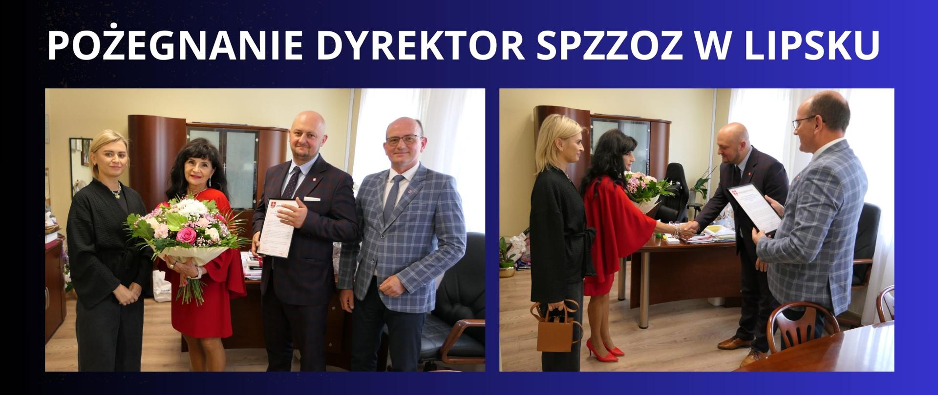 biały napis na granatowym tle " pożegnanie dyrektor SPZZOZ w Lipsku" dwa zdjęcia przedstawiające przedstawicieli Zarządu Powiatu Lipskiego z Panią Marią Chmielnicką 