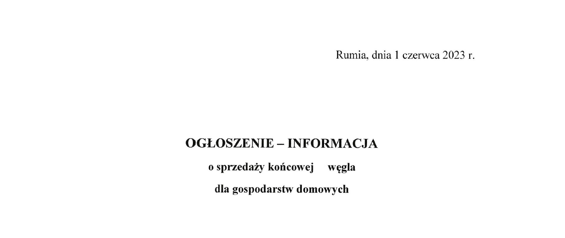 INFORMACJA O SPRZEDAŻY KOŃCOWEJ WĘGLA DLA GOSPODARSTW DOMOWYCH