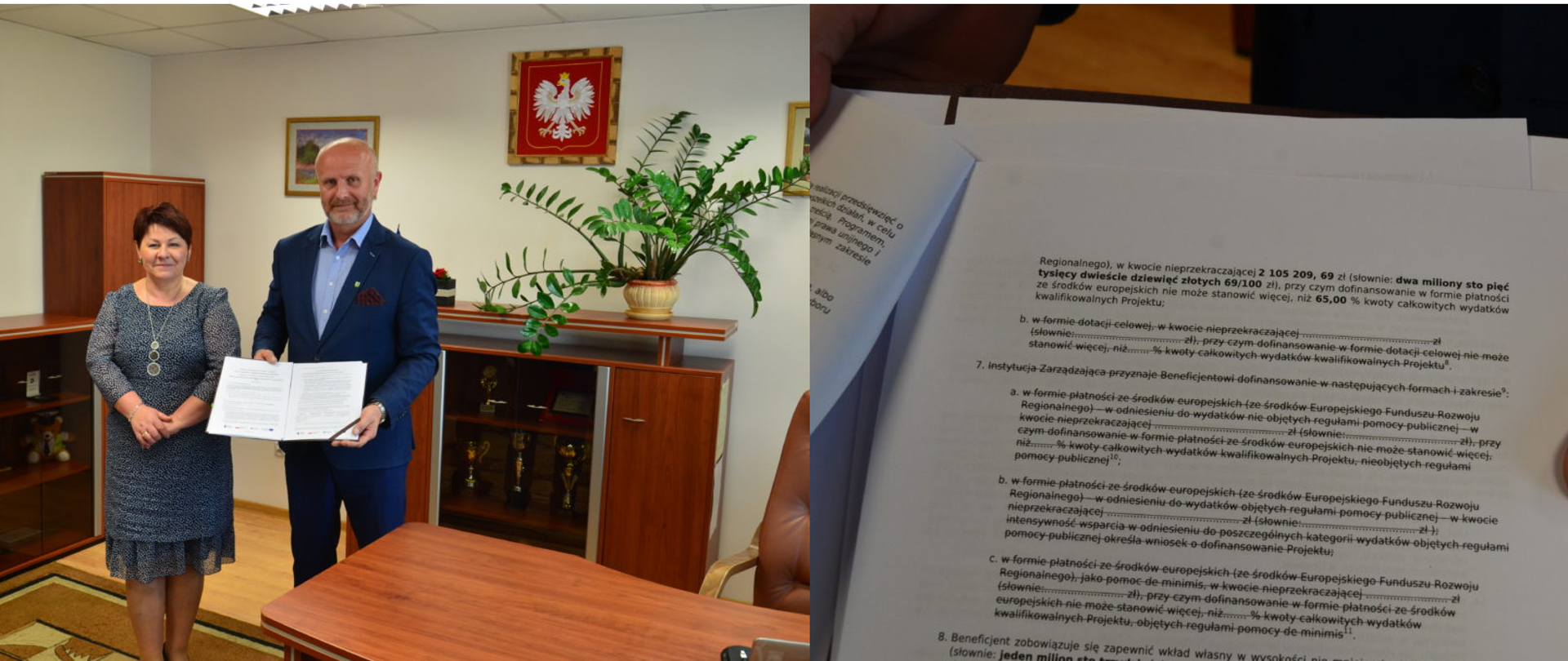 Na zdjęciu widzimy Pana Wójta wraz z Panią Skarbnik. Pan Wójt trzyma w rękach umowę. W tle widzimy meble wraz meble oraz część biurka.