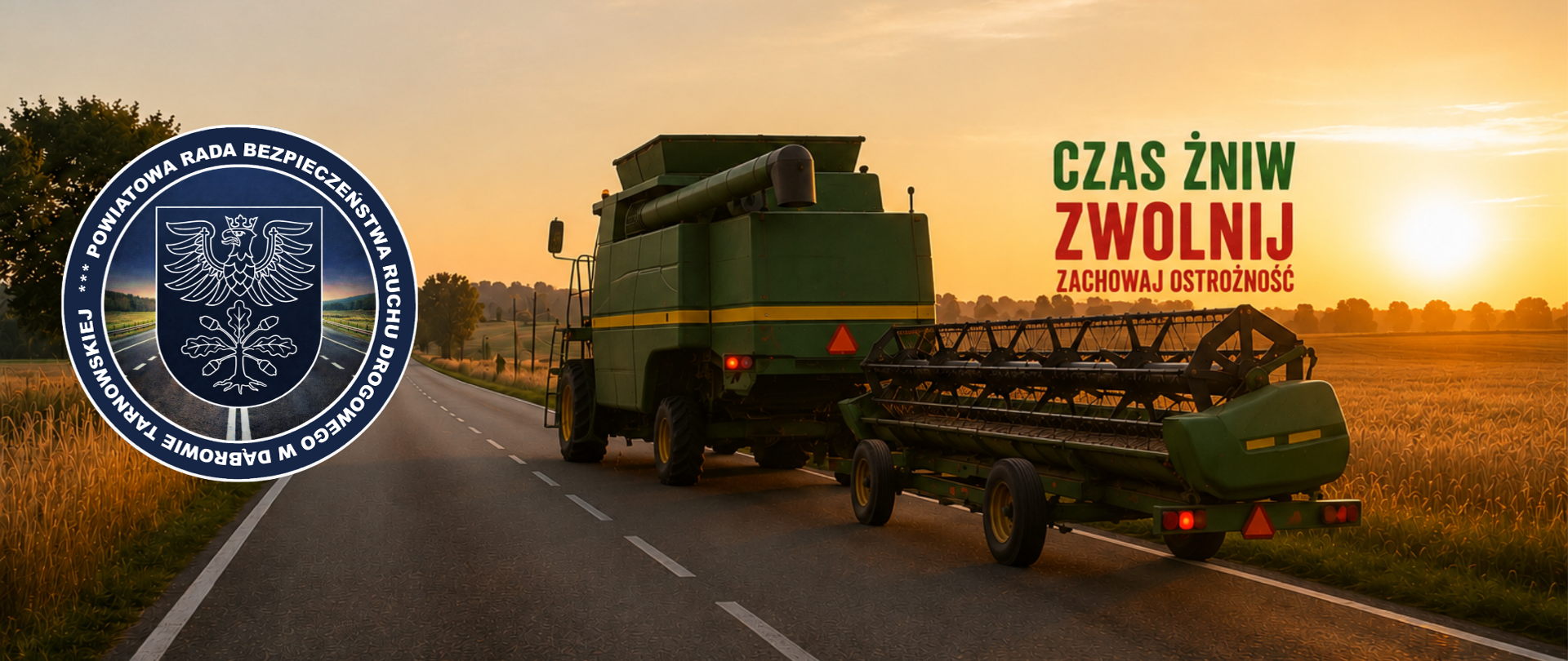 Grafika z napisem: Czas żniw, zwolnij, zachowaj ostrożność