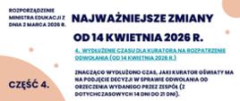 ROZPORZĄDZENIE MINISTRA EDUKACJI Z DNIA 2 MARCA 2026 R.
NAJWAŻNIEJSZE ZMIANY OD 14 KWIETNIA 2026 R.
CZĘŚĆ 4.
4. WYDŁUŻENIE CZASU DLA KURATORA NA ROZPATRZENIE ODWOŁANIA (OD 14 KWIETNIA 2026 R.)
ZNACZĄCO WYDŁUŻONO CZAS, JAKI KURATOR OŚWIATY MA NA PODJĘCIE DECYZJI W SPRAWIE ODWOŁANIA OD ORZECZENIA WYDANEGO PRZEZ ZESPÓŁ (Z DOTYCHCZASOWYCH 14 DNI DO 21 DNI).
CYTAT (§ 31 UST. 6):
„KURATOR OŚWIATY ROZPATRUJE ODWOŁANIE W TERMINIE 21 DNI OD DNIA JEGO OTRZYMANIA. KURATOR OŚWIATY INFORMUJE WNIOSKODAWCĘ O TERMINIE ROZPATRZENIA ODWOŁANIA”.