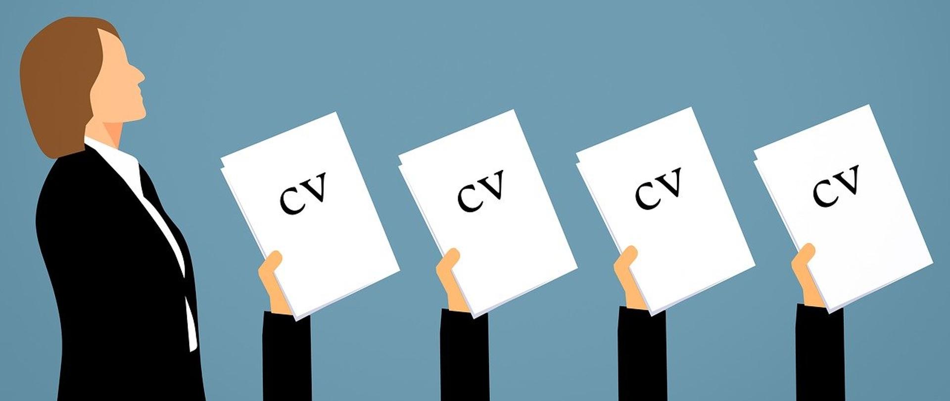 Ilustracja dorosłej osoby, która spogląda na ludzkie dłonie trzymające kartki z podpisem CV 