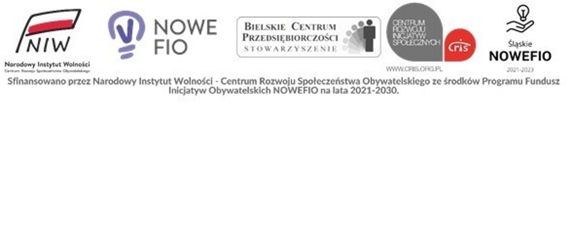 Loga partnerów programu. Narodowy Instytut Wolności – Centrum Rozwoju Społeczeństwa Obywatelskiego, Fundusz Inicjatyw Obywatelskich NOWEFIO, Stowarzyszenie Bielskie Centrum Przedsiębiorczości, Centrum Rozwoju Inicjatyw Społecznych, Śląskie NOWEFIO. U dołu napis: Sfinansowano przez Narodowy Instytut Wolności – Centrum Rozwoju Społeczeństwa Obywatelskiego ze środków Programu Fundusz Inicjatyw Obywatelskich NOWEFIO na lata 2021-2030.