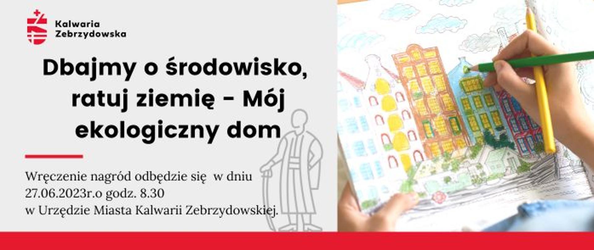 Plansza informacyjna po lewej treść WYNIKI KONKURSU - "Dbajmy o środowisko, ratuj ziemię- Mój ekologiczny dom” po prawej rysunek dziecka przedstawiający. 