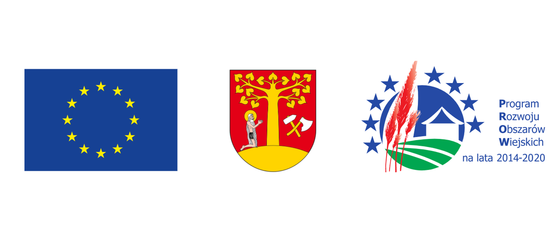  znak (symbol) Unii Europejskiej niebieski kwadrat z żółtymi gwiazdami. Herb gminy Stryszów - lipa na czerwonycm tle wraz z klęczącym człowikiem. logo PROW 2014-2020 Programu Rozwoju Obszarów Wiejskich 2014-2-2020