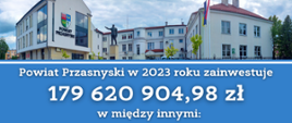 Grafika przedstawia informację o ważniejszych inwestycjach Powiatu Przasnyskiego zaplanowanych w 2023 roku. Treść w artykule.