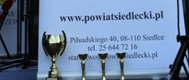 puchary na tle baneru z herbem powiatu siedleckiego