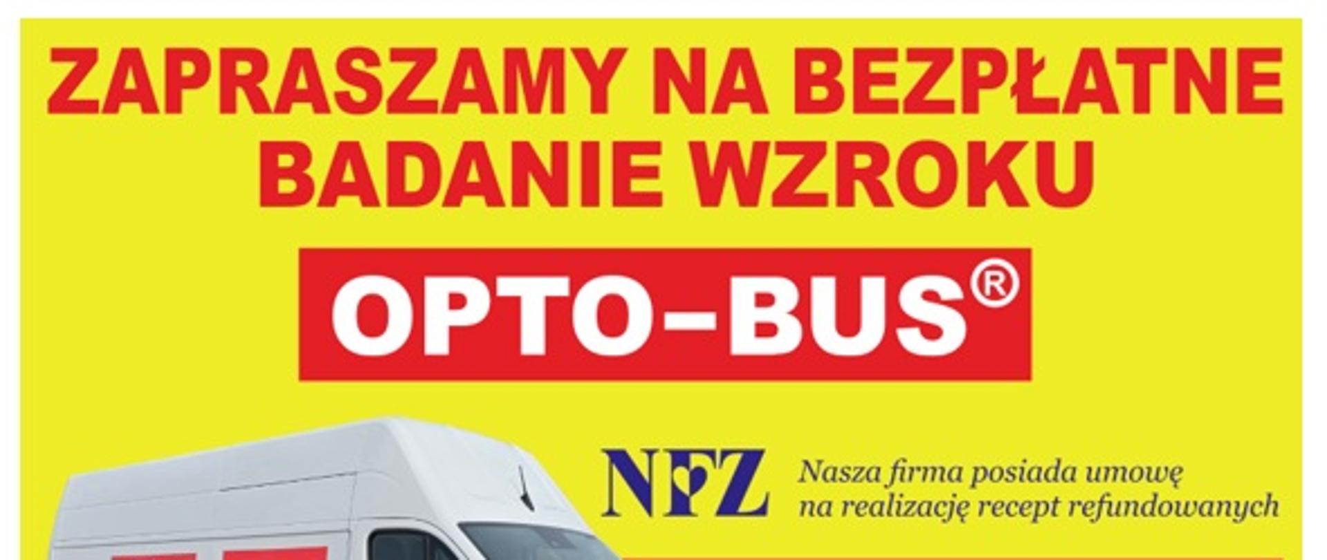Mobilny OPTO-BUS oferuje bezpłatne badanie wzroku w Margoninie 30 września 2026 r. w godz. 16:30–18:00 na parkingu przy Miejsko‑Gminnym Ośrodku Kultury; żółte tło, zdjęcie białego busa, logo NFZ, numer zapisów 570 107 107 oraz informacja o doborze szkieł i badaniach dla osób powyżej 15 lat.