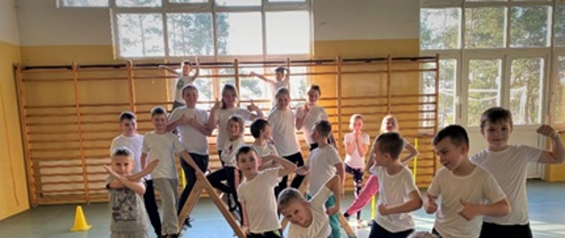 Zdjęcie przedstawia uczniów Szkoły Podstawowej w Holonkach. Na pierwszym planie dzieci stoją w różnych pozycjach ubrane w czarne spodnie i białe bluzki. Na drugim planie dzieci stoją tworząc piramidę.