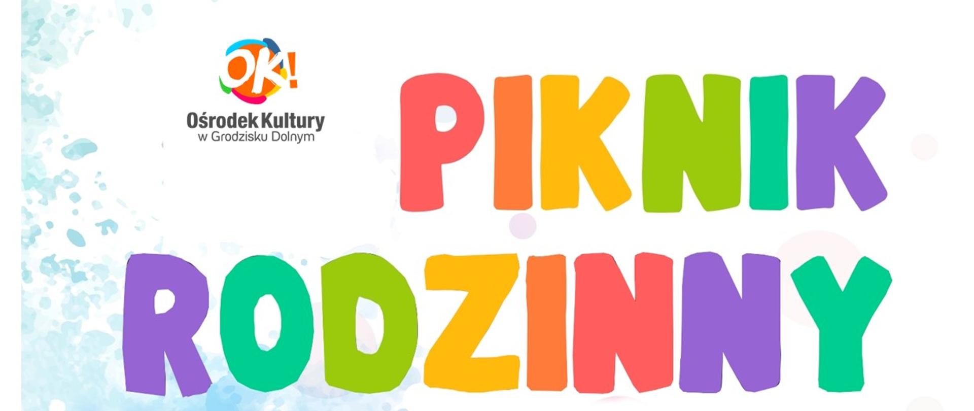 kolorowe tło na dole zielone i kolorowe drzewka na zielonej trawie na górze po prawej stronie dzieci bawią się w kółku
zaproszenie na piknik rodzinny 