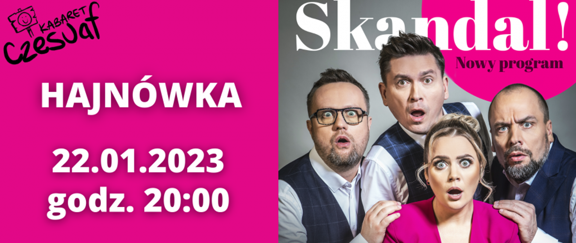 Na różowym tle zdjęcie członków Kabaretu oraz informacje oganizacyjne