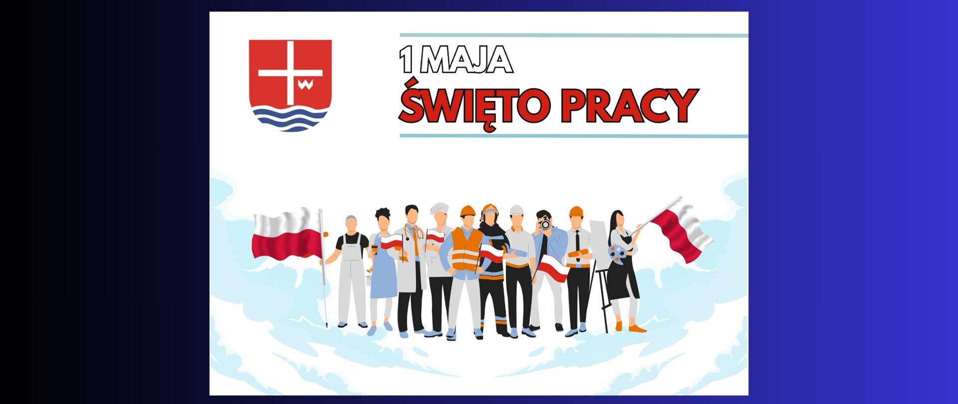 biało czerwony napis "1 maja święto pracy" grafika przedstawiająca kilka postaci z różnych zawodów z fagami w ręku, herb powiatu lipskiego