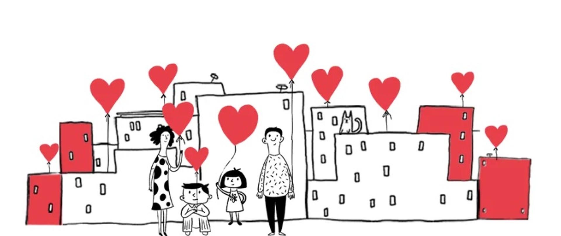 białe tło czarno czerwone litery wspieraj dzieciństwo bez przemocy na dole grafika szczęśliwej rodziny, mama, tata i dwoje dzieci które trzymają w rękach balony w kształcie serca 