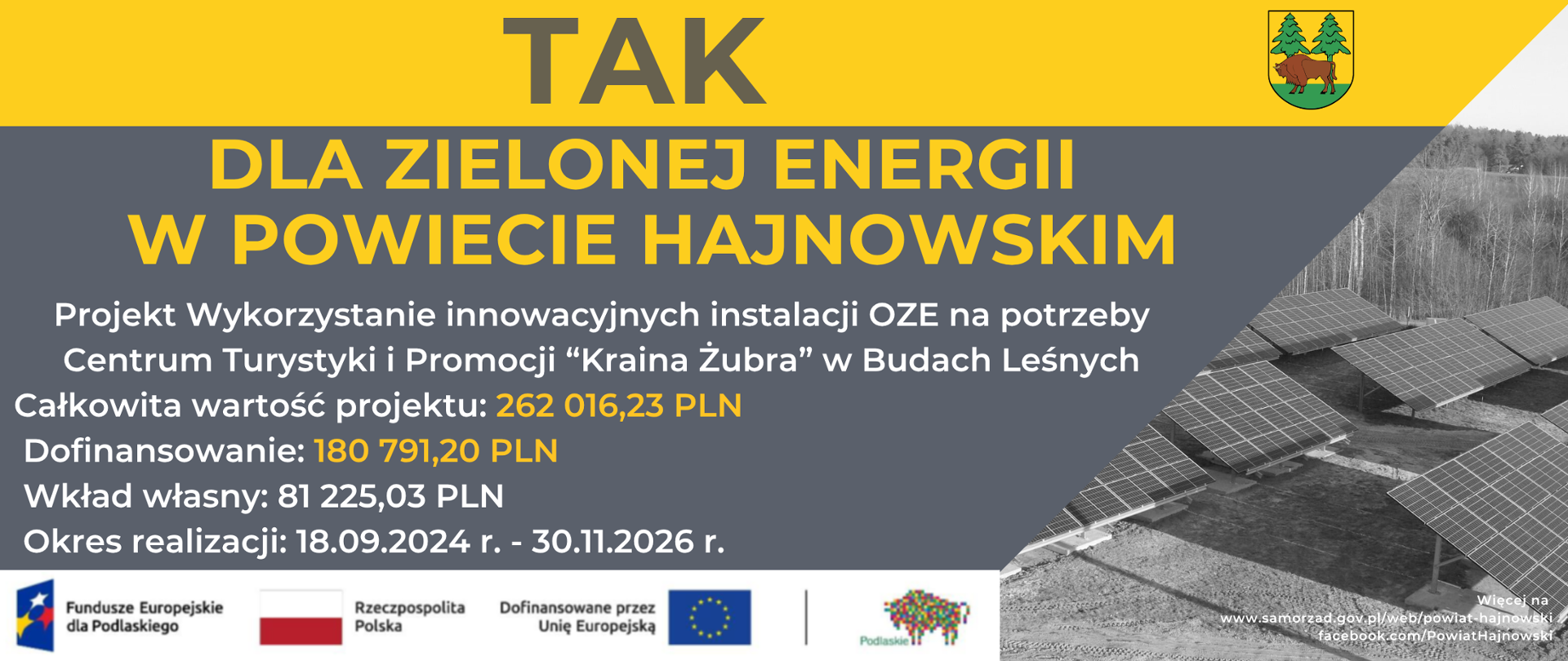 Tak dla zielonej energii. Na plakacie umieszczono informacje o projekcie wraz z logotypami, zawarte w artykule