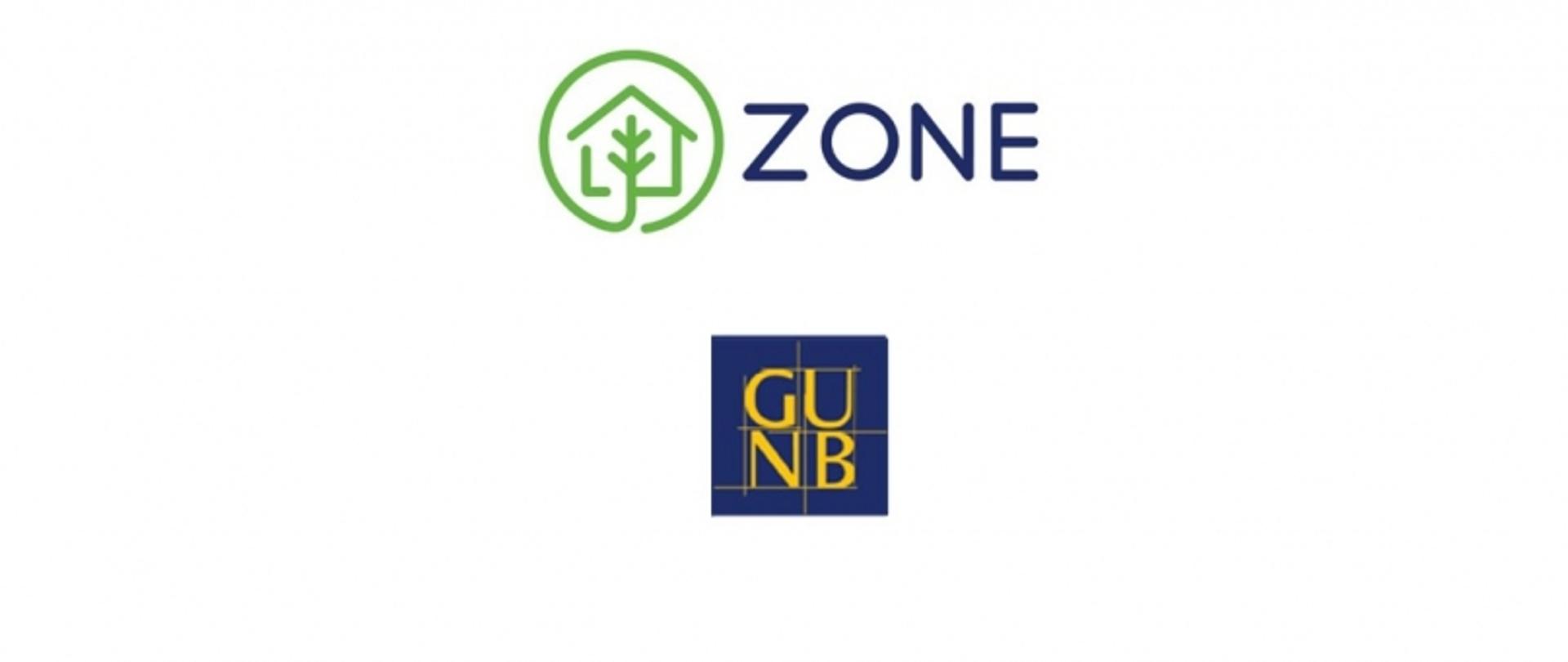 Logo w postaci domku, w środku drzewa z zielonej linii, pod nimi niebieski kwadrat z literami GUNB