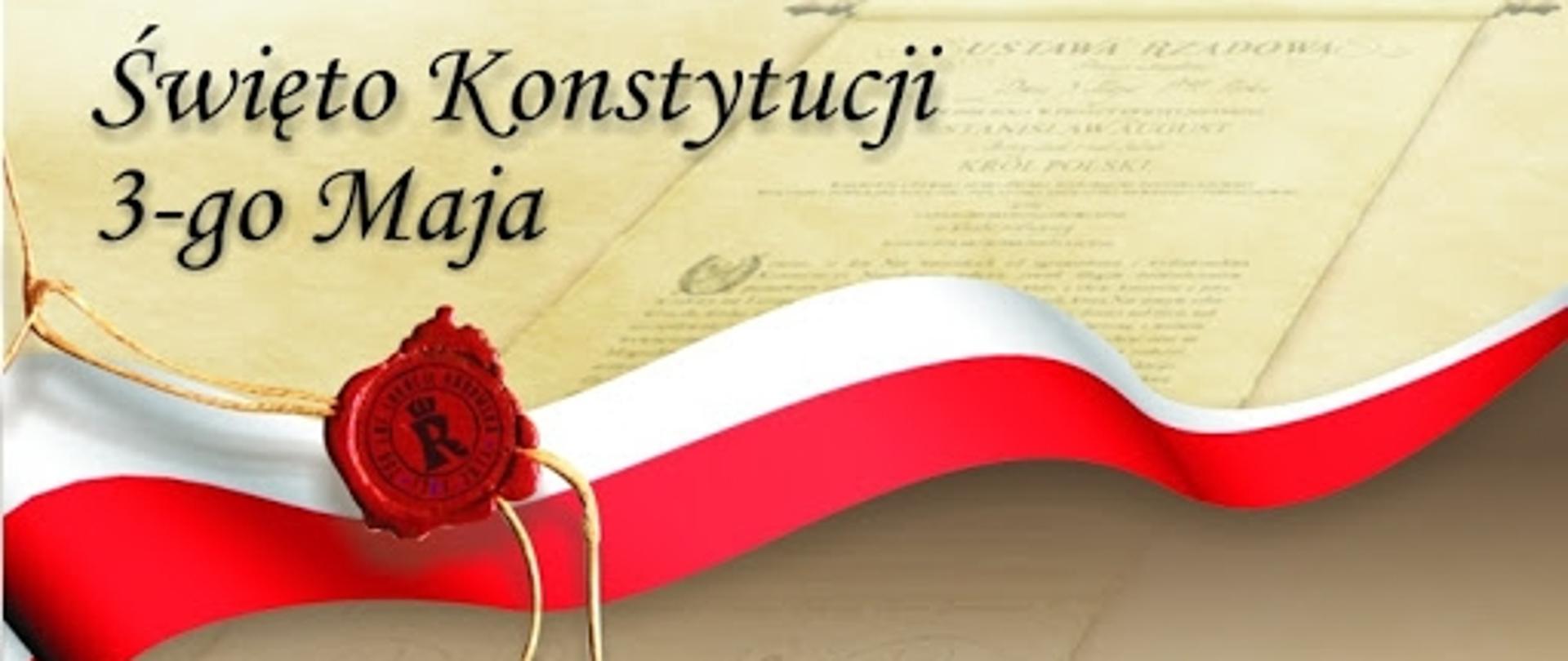 Zdjęcie przedstawia ozdobną ilustrację z tekstem konstytucji 3 maja
