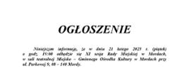 Ogłoszenie o XI sesji Rady Miejskiej w Mordach
