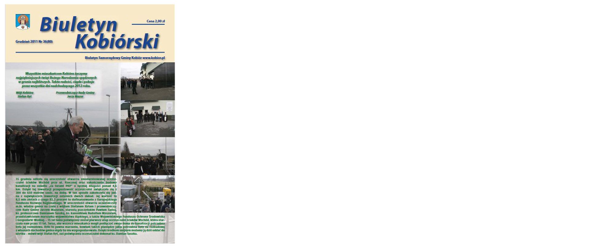 Zdjęcie przedstawia okładkę biuletynu kobiórskiego z grudnia 2011 roku na której widać zdjęcia z różnych ważnych wydarzeń z roku 2011