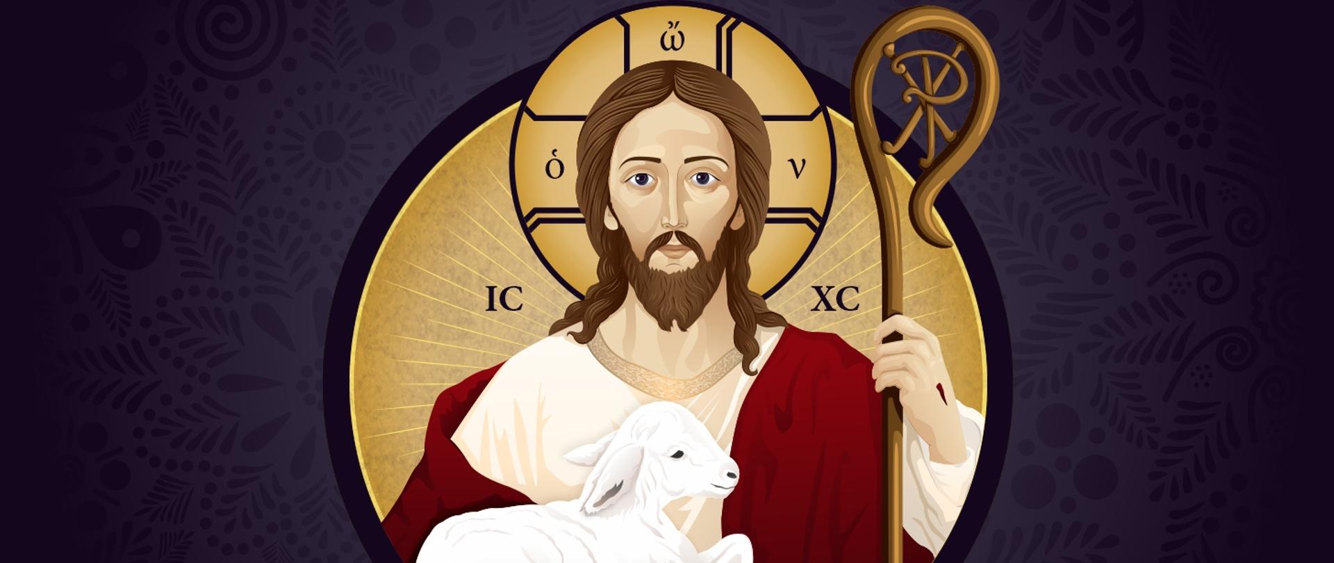 Grafika przedstawia Chrystusa Zmartwychwstałego jako dobrego pasterza, trzymającego na ramieniu baranka, lewą dłonią trzymającego pasterską laskę.