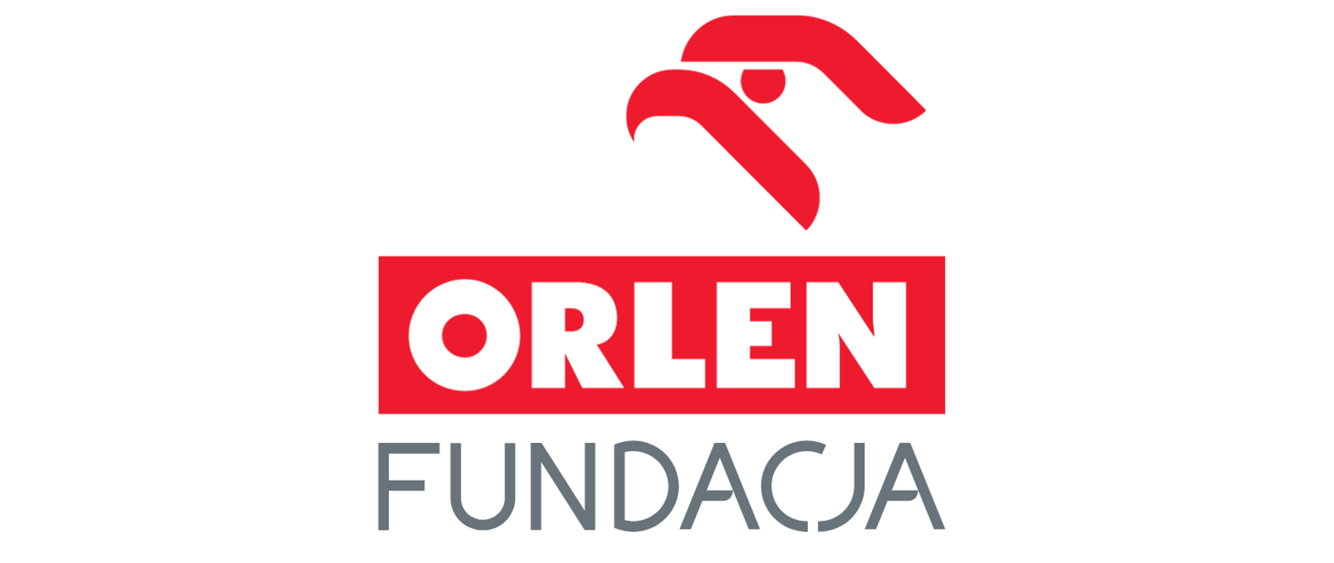 Połączenie wyrazu Orlen i słowa fundacja oraz rysunek głowy orła, kolorystyka szara i czerowna