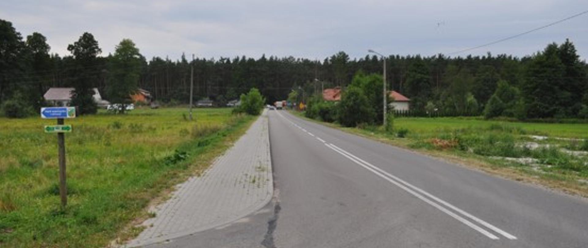 Na zdjęciu widoczna jest wyremontowana droga w Nowej Wsi. Po lewej stronie drogi wybudowano chodnik dla pieszych. Po obu stronach drogi znajdują się łąki. W oddali widać zabudowania i las.