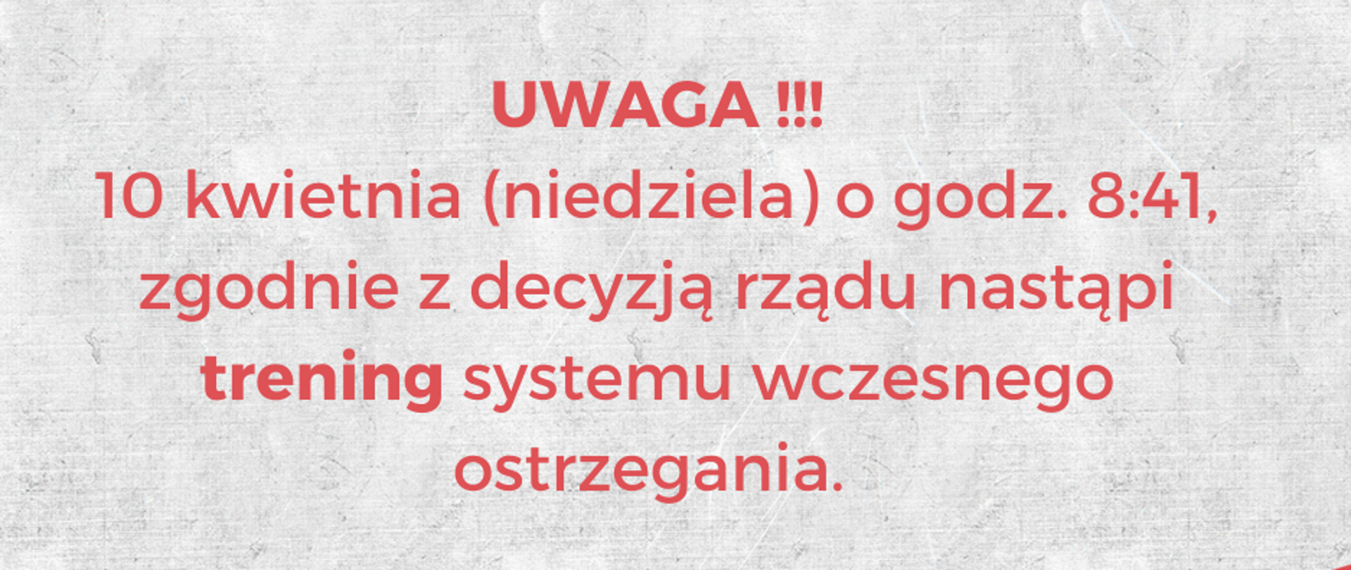 Grafika informująca o treningu systemu wczesnego ostrzegania w dniu 10 kwietnia o godz. 8:41