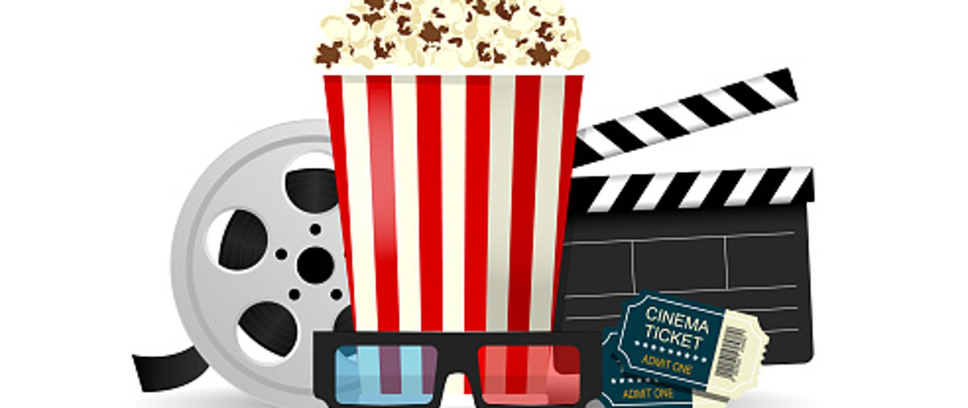 Set of objects cinema isolated on white background. Cinematography concept. Popcorn, film reel, clapper board, cinema tickets, 3d glasses. Vector illustration.