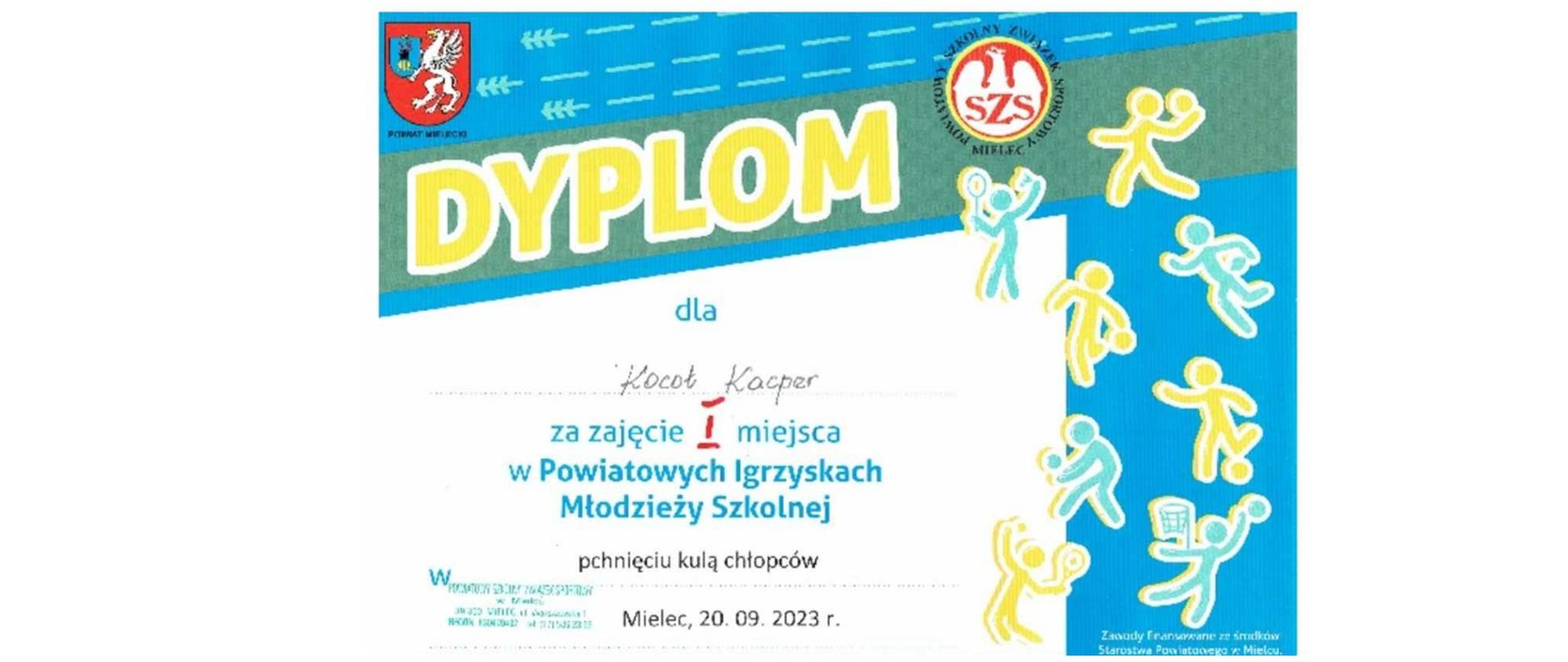 Dyplom dla Kacpra Kocoła za zajęcie I miejsca w Powiatowych Igrzyskach Młodzieży Szkolnej 